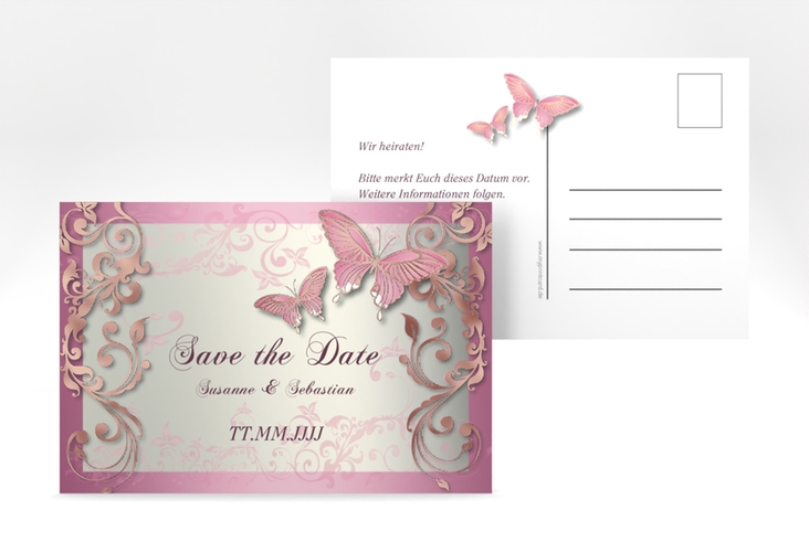 Save the Date-Postkarte Toulouse A6 Postkarte rosa rosegold mit Schmetterlingen und Schnörkeln