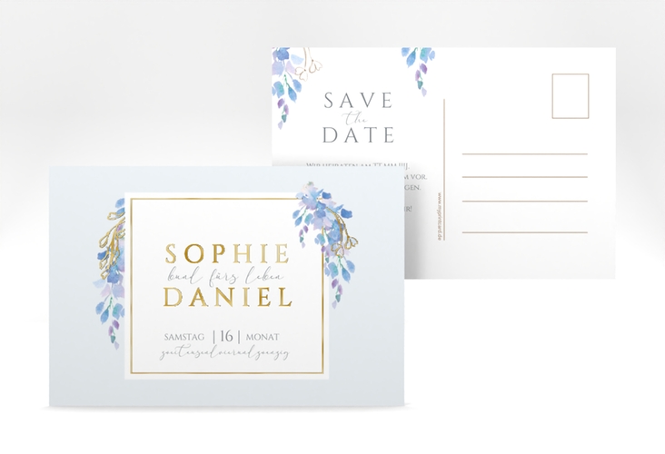 Save the Date-Postkarte Blauregen A6 Postkarte blau gold mit Wisteria-Blüten