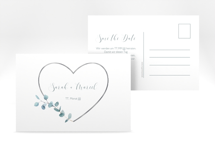 Save the Date-Postkarte Greenheart A6 Postkarte grau silber mit elegantem Herz und Eukalyptus-Zweig