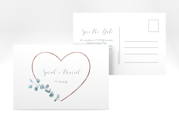 Save the Date-Postkarte Greenheart A6 Postkarte grau rosegold mit elegantem Herz und Eukalyptus-Zweig