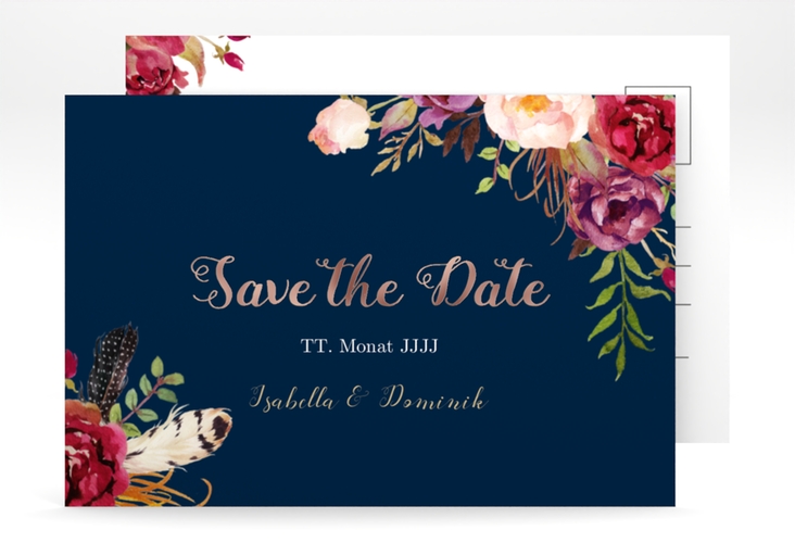 Save the Date-Postkarte Flowers A6 Postkarte blau rosegold mit bunten Aquarell-Blumen