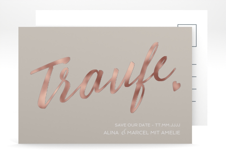 Save the Date-Postkarte Traufe A6 Postkarte grau rosegold