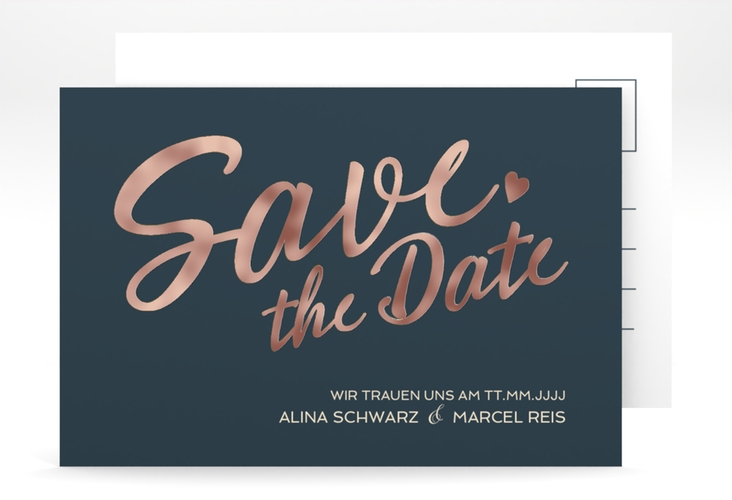 Save the Date-Postkarte Glam A6 Postkarte blau rosegold