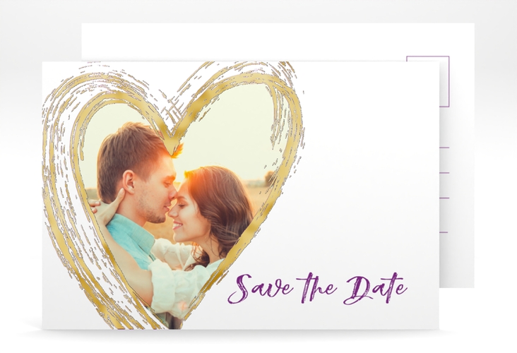 Save the Date-Postkarte Liebe A6 Postkarte lila gold