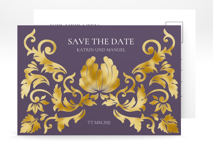 Save the Date-Postkarte Royal A6 Postkarte lila gold mit barockem Blumen-Ornament