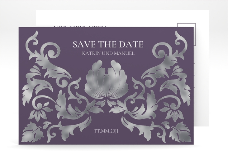 Save the Date-Postkarte Royal A6 Postkarte lila silber mit barockem Blumen-Ornament