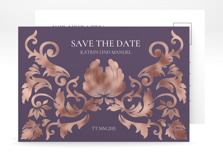 Save the Date-Postkarte Royal A6 Postkarte lila rosegold mit barockem Blumen-Ornament