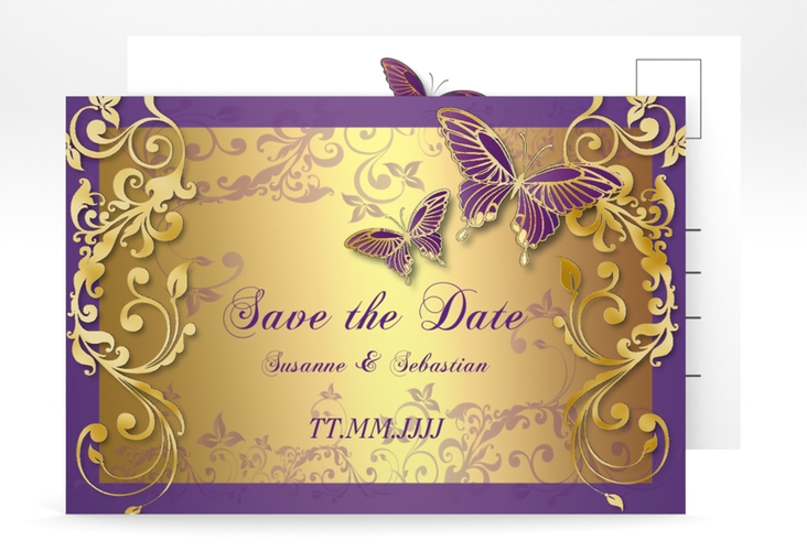 Save the Date-Postkarte Toulouse A6 Postkarte lila gold mit Schmetterlingen und Schnörkeln