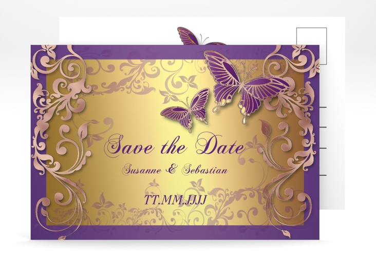 Save the Date-Postkarte Toulouse A6 Postkarte lila rosegold mit Schmetterlingen und Schnörkeln