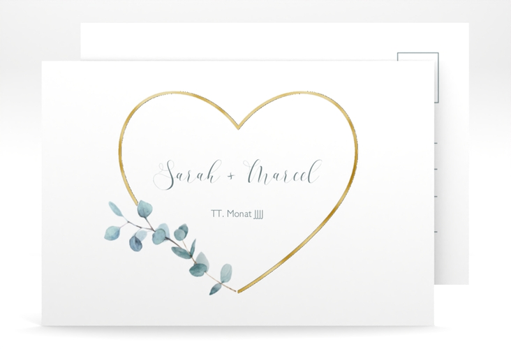 Save the Date-Postkarte Greenheart A6 Postkarte grau gold mit elegantem Herz und Eukalyptus-Zweig