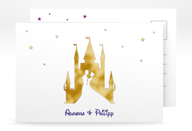 Save the Date-Postkarte Castle A6 Postkarte lila gold