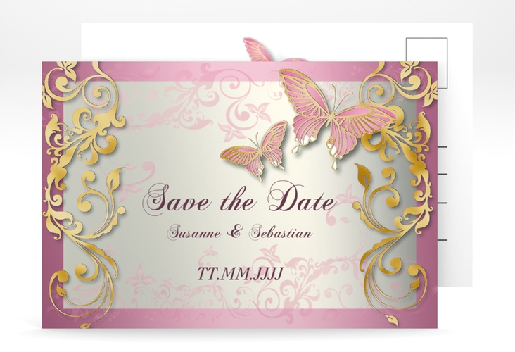 Save the Date-Postkarte Toulouse A6 Postkarte rosa gold mit Schmetterlingen und Schnörkeln