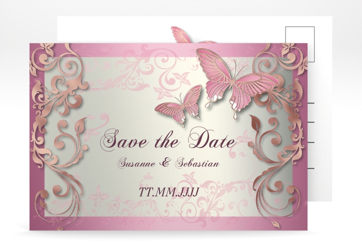 Save the Date-Postkarte Toulouse A6 Postkarte rosa rosegold mit Schmetterlingen und Schnörkeln