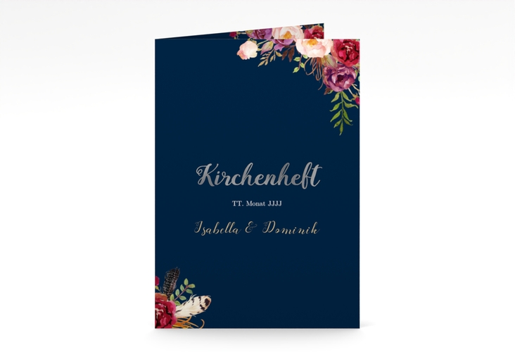 Kirchenheft Hochzeit Flowers A5 Klappkarte hoch blau silber mit bunten Aquarell-Blumen