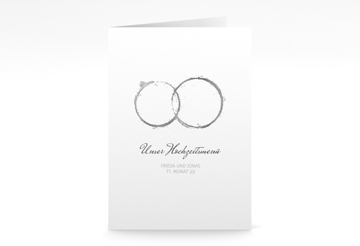 Menükarte Hochzeit Trauringe A5 Klappkarte hoch grau silber minimalistisch gestaltet mit zwei Eheringen