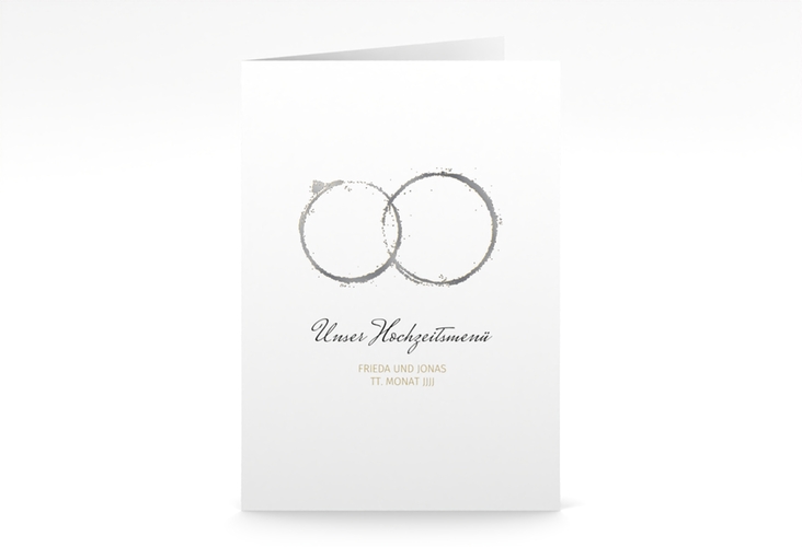 Menükarte Hochzeit Trauringe A5 Klappkarte hoch gold silber minimalistisch gestaltet mit zwei Eheringen