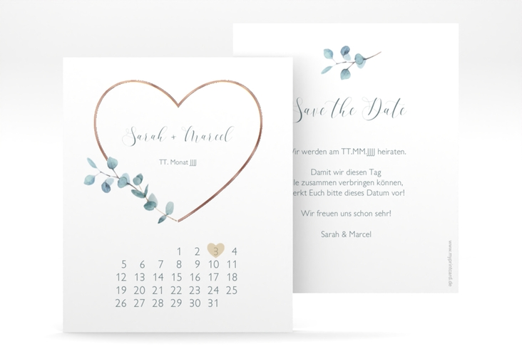 Save the Date-Kalenderblatt Greenheart Kalenderblatt-Karte gold rosegold mit elegantem Herz und Eukalyptus-Zweig