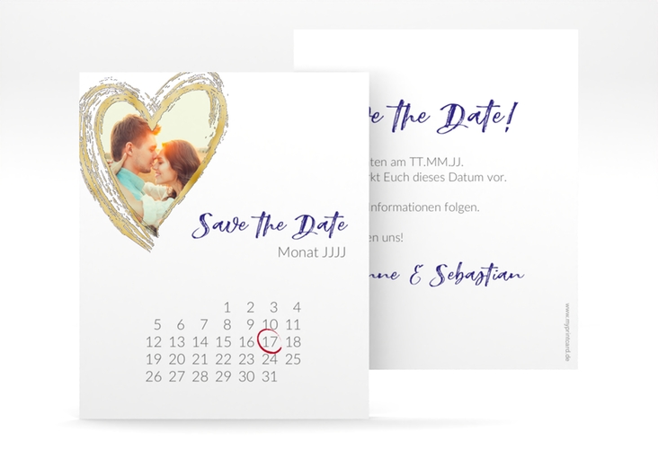 Save the Date-Kalenderblatt Liebe Kalenderblatt-Karte blau gold