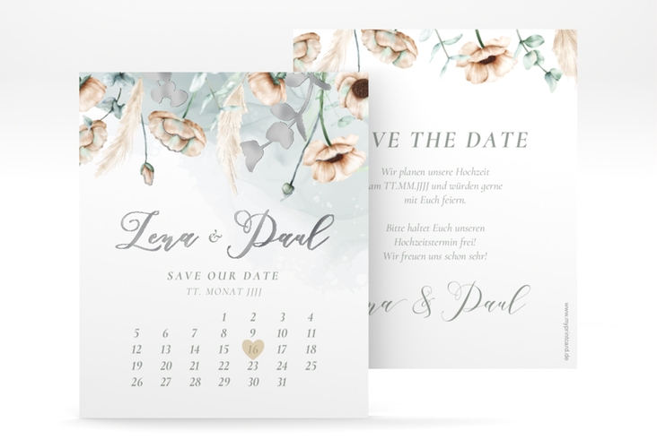 Save the Date-Kalenderblatt Anemone Kalenderblatt-Karte mint silber
