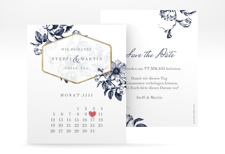 Save the Date-Kalenderblatt Magnificent Kalenderblatt-Karte blau gold