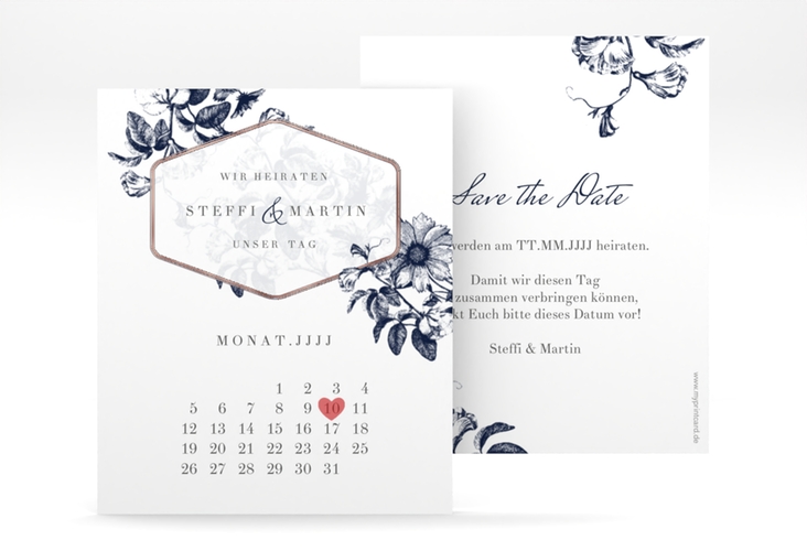 Save the Date-Kalenderblatt Magnificent Kalenderblatt-Karte blau rosegold