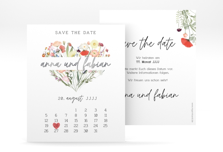 Save the Date-Kalenderblatt Wildblumenherz Kalenderblatt-Karte bunt silber