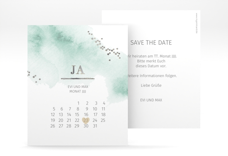 Save the Date-Kalenderblatt Pastell Kalenderblatt-Karte mint silber