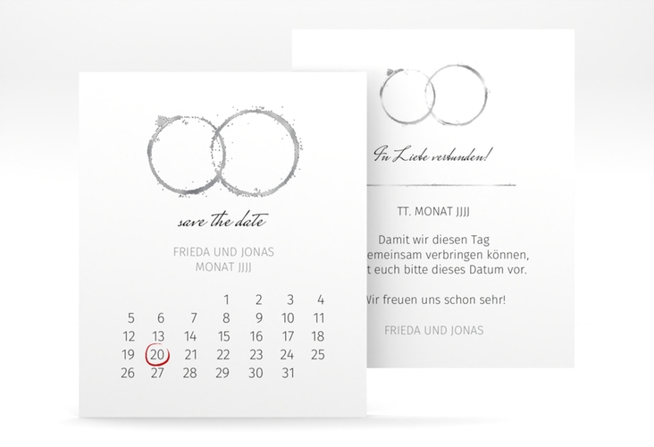 Save the Date-Kalenderblatt Trauringe Kalenderblatt-Karte grau silber minimalistisch gestaltet mit zwei Eheringen