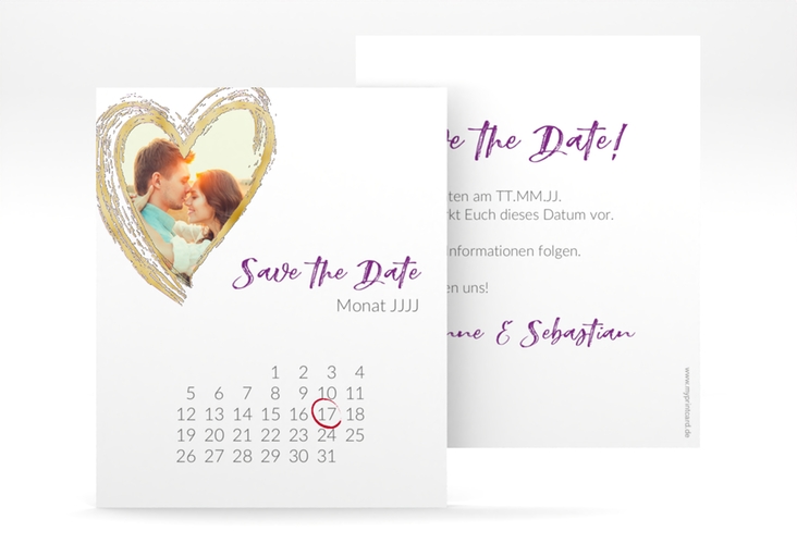 Save the Date-Kalenderblatt Liebe Kalenderblatt-Karte lila gold