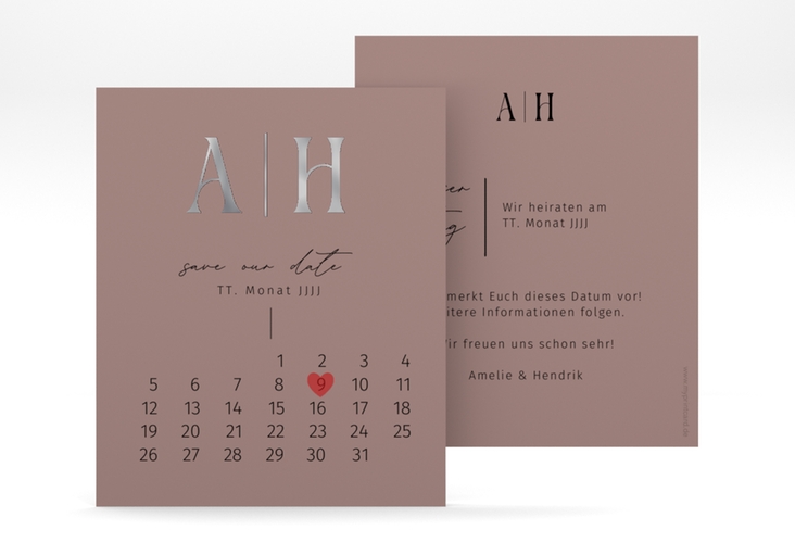 Save the Date-Kalenderblatt Lebensbund Kalenderblatt-Karte rosa silber mit veredelbaren Initialen