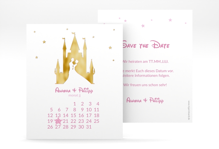 Save the Date-Kalenderblatt Castle Kalenderblatt-Karte rosa gold