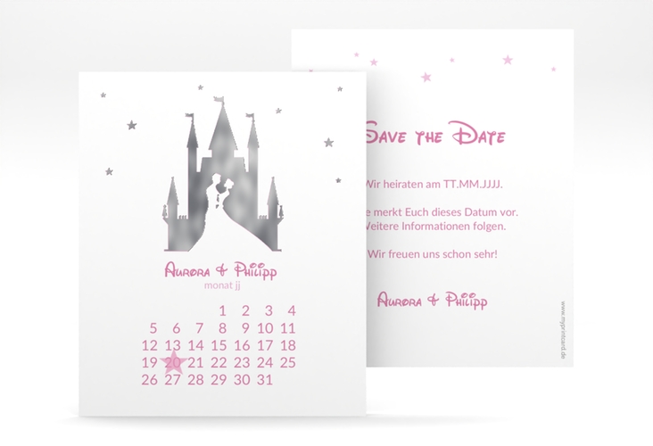 Save the Date-Kalenderblatt Castle Kalenderblatt-Karte rosa silber