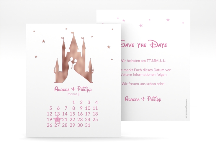 Save the Date-Kalenderblatt Castle Kalenderblatt-Karte rosa rosegold