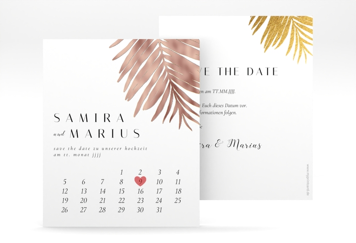 Save the Date-Kalenderblatt Palmenblatt Kalenderblatt-Karte gold rosegold mit Palmenwedel