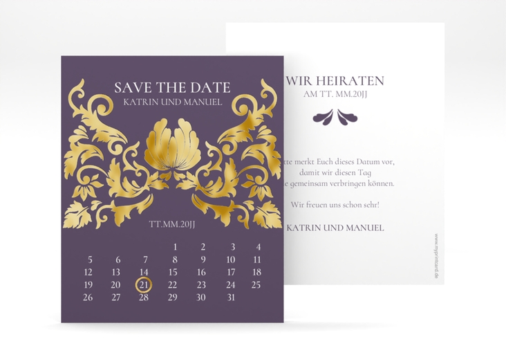 Save the Date-Kalenderblatt Royal Kalenderblatt-Karte lila gold mit barockem Blumen-Ornament