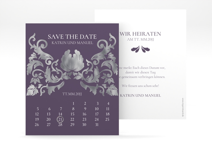 Save the Date-Kalenderblatt Royal Kalenderblatt-Karte lila silber mit barockem Blumen-Ornament