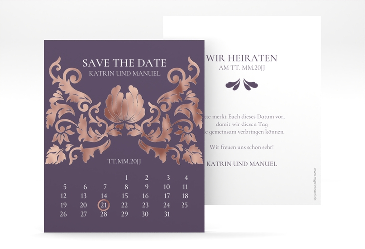 Save the Date-Kalenderblatt Royal Kalenderblatt-Karte lila rosegold mit barockem Blumen-Ornament