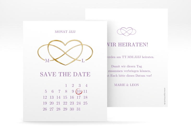 Save the Date-Kalenderblatt Infinity Kalenderblatt-Karte lila gold