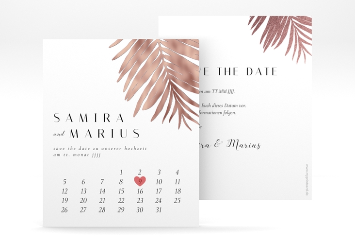 Save the Date-Kalenderblatt Palmenblatt Kalenderblatt-Karte rosa rosegold mit Palmenwedel