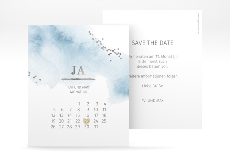 Save the Date-Kalenderblatt Pastell Kalenderblatt-Karte blau silber