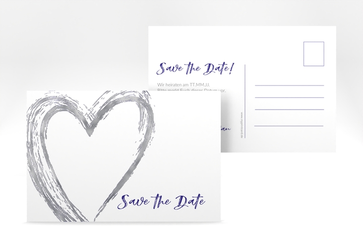 Save the Date-Postkarte Liebe A6 Postkarte blau silber