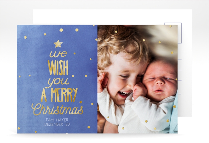 Weihnachtskarte Schneeglitzern A6 Postkarte blau gold mit Aquarellfarbe und Kinderfoto