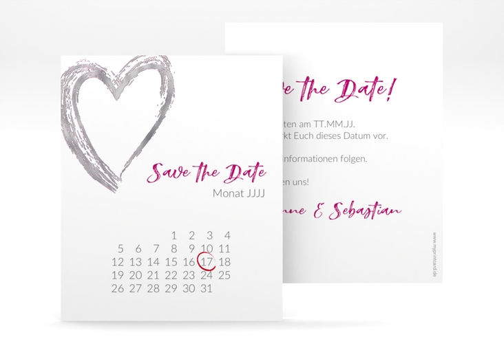 Save the Date-Kalenderblatt Liebe Kalenderblatt-Karte pink silber