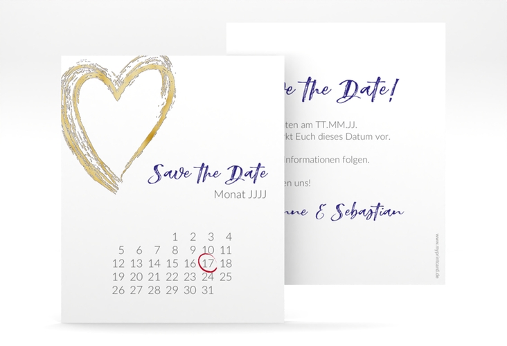 Save the Date-Kalenderblatt Liebe Kalenderblatt-Karte blau gold