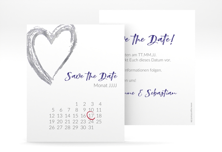 Save the Date-Kalenderblatt Liebe Kalenderblatt-Karte blau silber