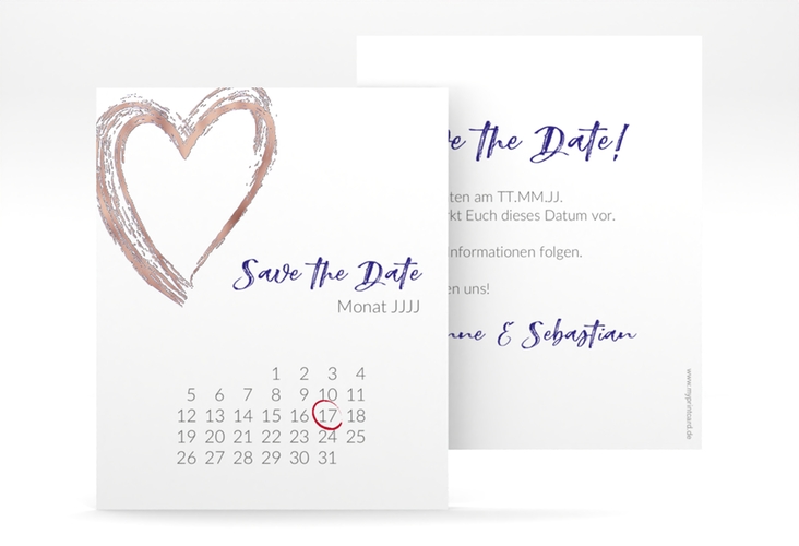 Save the Date-Kalenderblatt Liebe Kalenderblatt-Karte blau rosegold