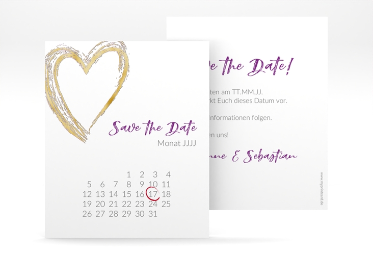 Save the Date-Kalenderblatt Liebe Kalenderblatt-Karte lila gold