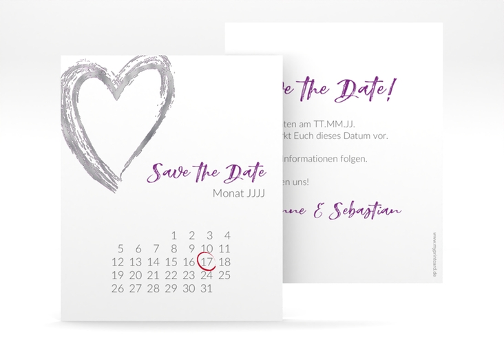 Save the Date-Kalenderblatt Liebe Kalenderblatt-Karte lila silber