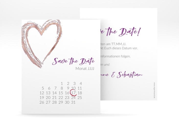 Save the Date-Kalenderblatt Liebe Kalenderblatt-Karte lila rosegold