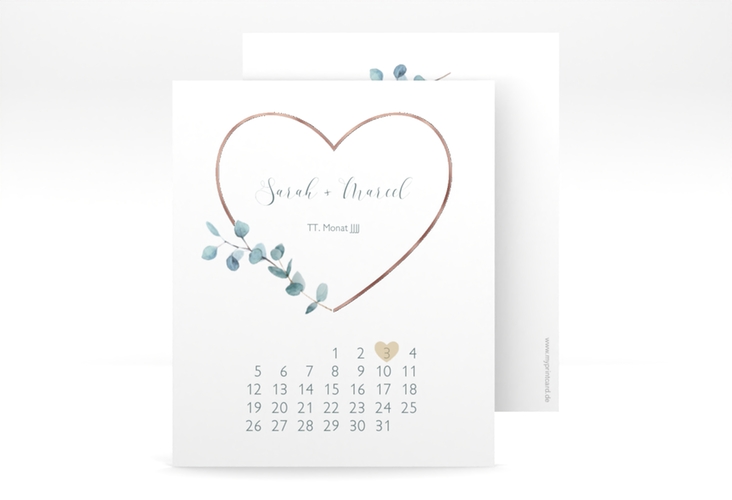 Save the Date-Kalenderblatt Greenheart Kalenderblatt-Karte grau rosegold mit elegantem Herz und Eukalyptus-Zweig